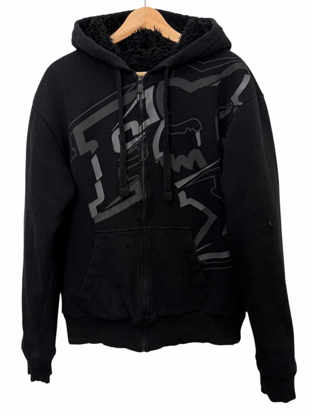 Fox Racing Sasquatch Men Sz L Black Faux Fur Lined Zip Hooded Jacket Grunge Y2K